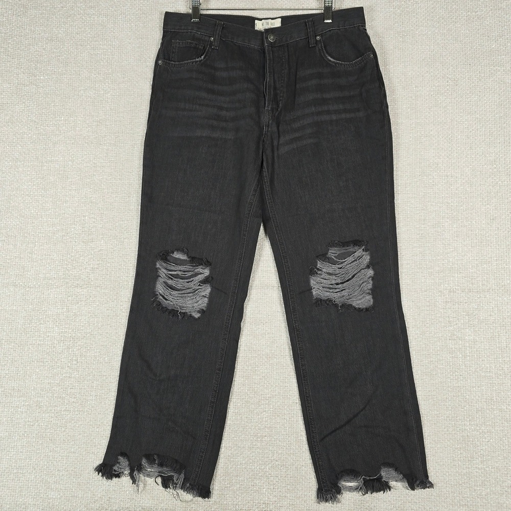 Free People Women's Maggie Straight Leg Jeans Black‎ Mid Rise Distressed 29 NWOT